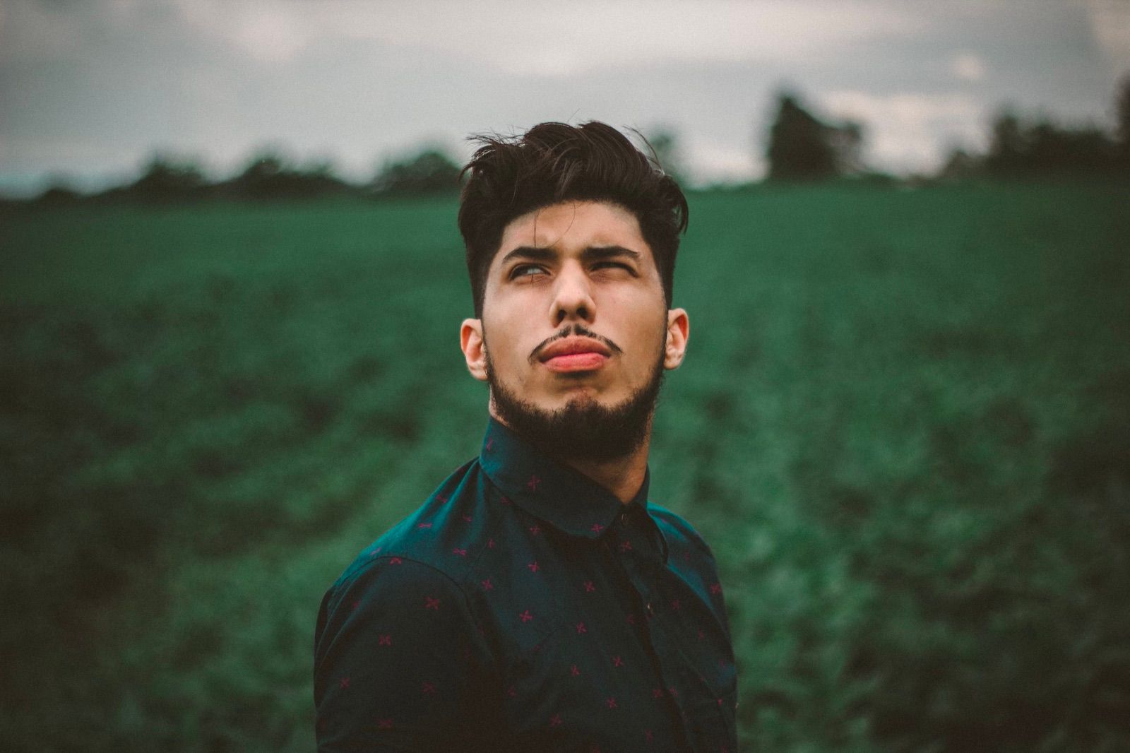 A young man standing in a green field at dusk
